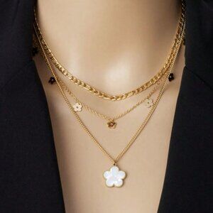 18K Gold Filled Layered Clover Mother of Pearl Necklace Set